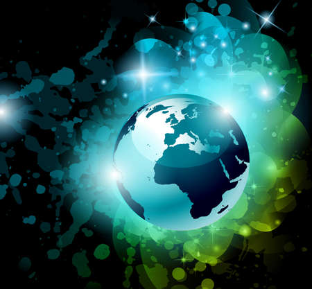 Suggestive galactic space background with a 3d accurate earth and a glow of lights nebulosa in behind in the deep universe full of stars.のイラスト素材