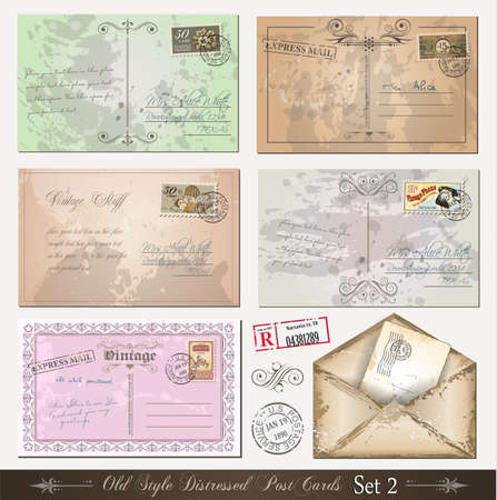 Old style distressed postcards (set 2)with a lot of post stamps with vintage designs. Rubber stamps included.のイラスト素材