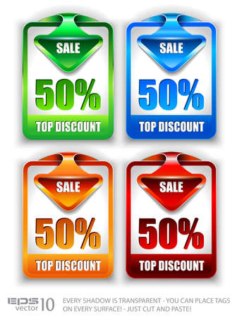 Stylish arrow sale tag over a panel with percentage of discount for product promotins. It has transparent shadows. You can place it on every surface!のイラスト素材