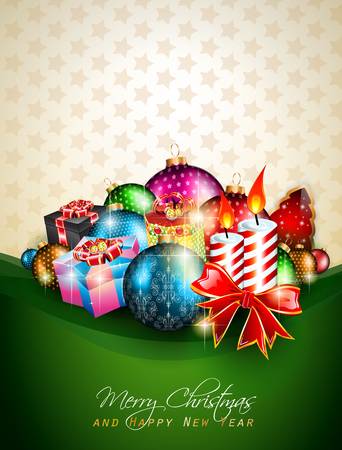 Elegant greetings background for flyers or brochure for Christmas or New Year Events with a lot of stunning Colorful baubles.のイラスト素材