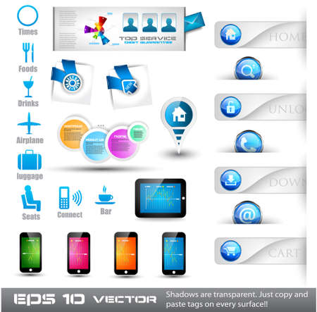 Collection of useful web stuffs: food and restoration icons, phones, tablet, buttons, pins, corner tags and so onのイラスト素材