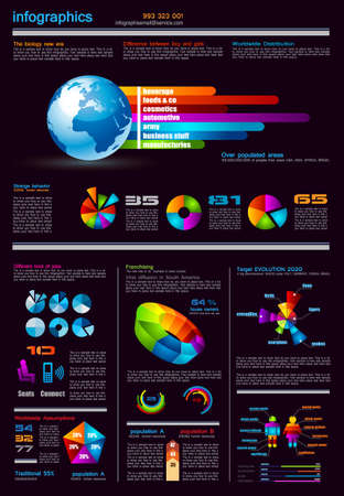 Dark Infographics page with a lot of design elements like chart, globe, icons, graphics, maps, cakes, human shapes and so on  Ideal for business analisys rapresentation のイラスト素材