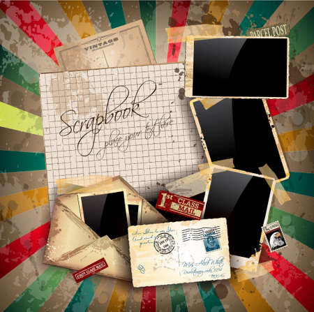 Vintage scrapbook composition with old style distressed postage design elements and antique photo frames plus some post stickers  のイラスト素材