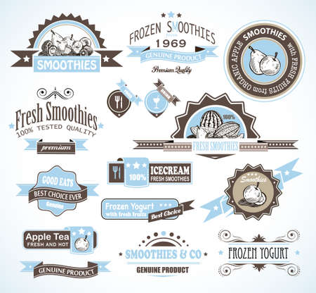 Premium quality collection of Fruits Smoothies, Tea and frozen yogurt labels with different styles and space for text.のイラスト素材