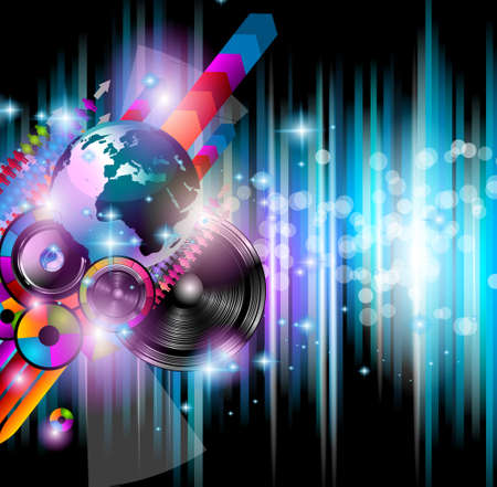 Disco club flyer with a lot of abstract colorful design elements. Ideal for poster and music background.のイラスト素材