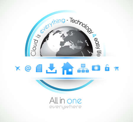 Cloud Computing conceptual image poster with a lot of themed icons like network, camera, home, downloads, files and so on. Ideal for technology abstract covers.のイラスト素材