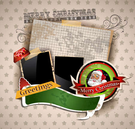 Christmas Vintage scrapbook composition with old style distressed postage design elements and antique photo frames plus some post stickers. のイラスト素材