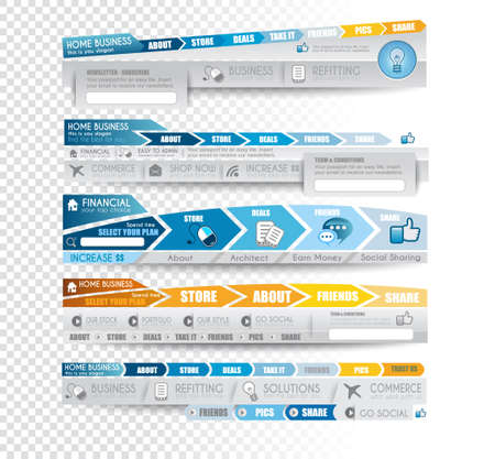 Collection of web elements, menu item, carousel, icons, ribbons, template for headers, footers,bar, side bar and so on. All in blue tones.のイラスト素材