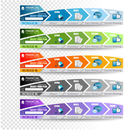 Collection of web elements, menu item, carousel, icons, ribbons, template for headers, footers,bar, side bar and so on. All in blue tones.のイラスト素材