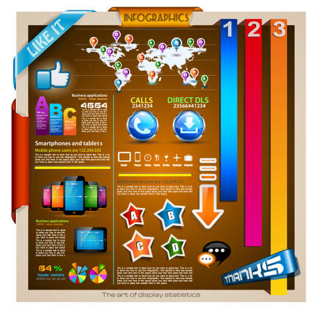Infographic with a lot of design elements - set of paper tags, technology icons, cloud cmputing, graphs, paper tags, arrows, world map and so on. Ideal for statistic data display.のイラスト素材