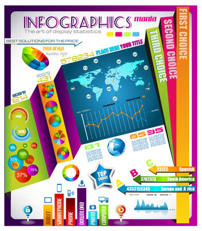 Infographic with a lot of design elements - set of paper tags, technology icons, cloud cmputing, graphs, paper tags, arrows, world map and so on. Ideal for statistic data display.のイラスト素材