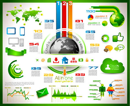 Infographic with Cloud Computing concept - set of paper tags, technology icons, cloud cmputing, graphs, paper tags, arrows, world map and so on  Ideal for statistic data display のイラスト素材
