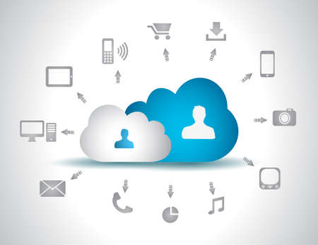 Cloud Computing concept background with a lot of icons: tablet, smartphone, computer, desktop, monitor, music, downloads and so onのイラスト素材
