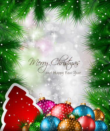 Elegant Classic Christmas flyer with tree leaves, a lot of baubles and glitter baclground. Ideal for celebratiion or invitation flyers.のイラスト素材