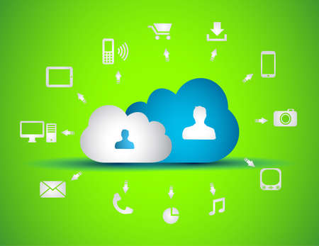 Cloud Computing concept background with a lot of icons: tablet, smartphone, computer, desktop, monitor, music, downloads and so onのイラスト素材