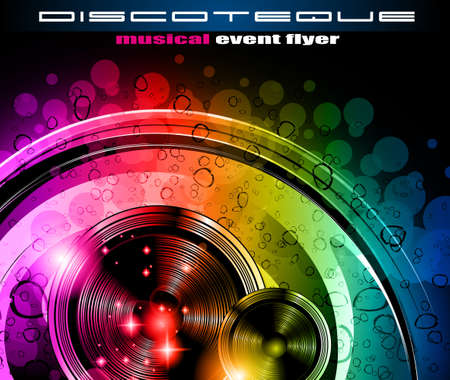 Disco club flyer with a lot of abstract colorful design elements. Ideal for poster and music background.のイラスト素材
