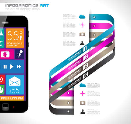 Modern Infographic with a touch screen smartphone in the middle  Design elements and space for text are available in single color squares over the screen  Cloud computng concept のイラスト素材