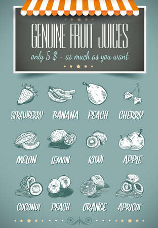 Retro style template for genuine fruit juices menu - coconut,cherry,apple,peach,strawberry and more. のイラスト素材