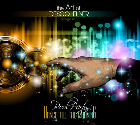 The Art of Disco Flyer - Stunning Speakers with a pointing hand and a lot of stars and ray lights.のイラスト素材
