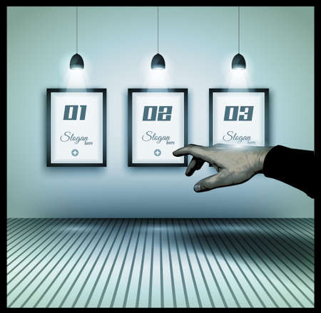 Original Infographics - Interior art gallery with 3 solutions on a wall and a hand indicating the best option. delicate shadows.のイラスト素材