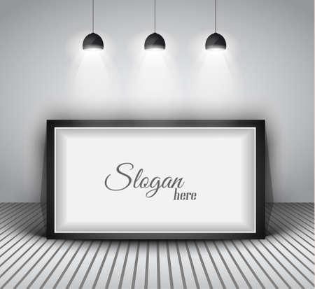 Modern interior art gallery frame design with spotlights. Shelf, spotlight with directional light, delicate shadows and clean background.のイラスト素材