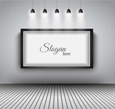Modern interior art gallery frame design with spotlights. Shelf, spotlight with directional light, delicate shadows and clean background.のイラスト素材
