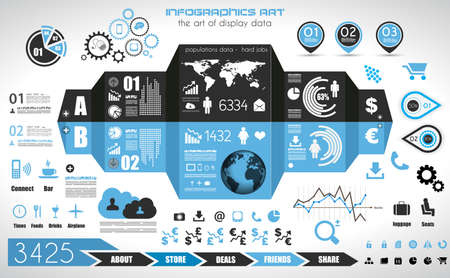 Infographic elements - set of paper tags, technology icons, cloud cmputing, graphs, paper tags, arrows, world map and so on. Ideal for statistic data display.のイラスト素材