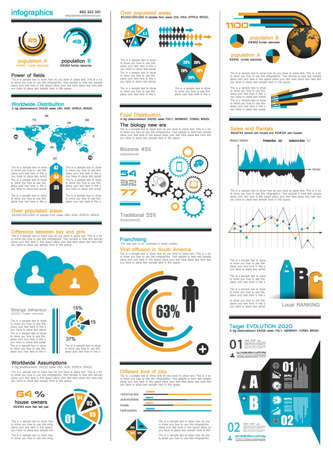 Infographic elements - set of paper tags, technology icons, cloud cmputing, graphs, paper tags, arrows, world map and so on. Ideal for statistic data display.のイラスト素材