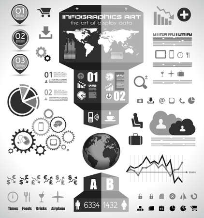 Infographic elements - set of paper tags, technology icons, cloud cmputing, graphs, paper tags, arrows, world map and so on. Ideal for statistic data display.のイラスト素材