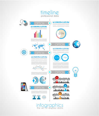 Timeline to display your data in order with Infographic elements technology icons,  graphs,world map and so on. Ideal for statistic data display.のイラスト素材