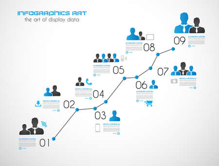 Timeline to display your data in order with Infographic elements technology icons,  graphs,world map and so on. Ideal for statistic data display.のイラスト素材