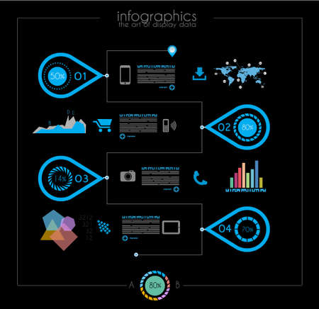Timeline to display your data in order with Infographic elements technology icons,  graphs,world map and so on. Ideal for statistic data display.のイラスト素材