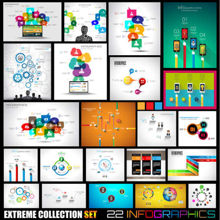 Collection of 22 Infographics for social media and clouds. Flat style UI design elements for your business projects, seo diagrams and solution ranking presentazionsのイラスト素材
