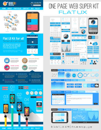 One page website flat UI design template. It include a lot of flat stlyle icons, forms, header, footeer, menu, banner and spaces for pictures and icons all in one page.のイラスト素材