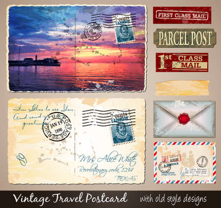 Travel Vintage Postcard Design with antique look and distressed style. Includes a lot of paper elements and postage stamps.のイラスト素材