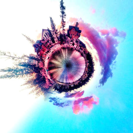 Abstract globe with mountain lake at sunset!の素材