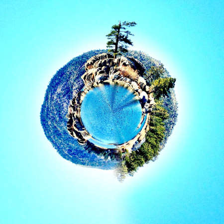 Abstract globe with a mountain lake at sunset!の素材