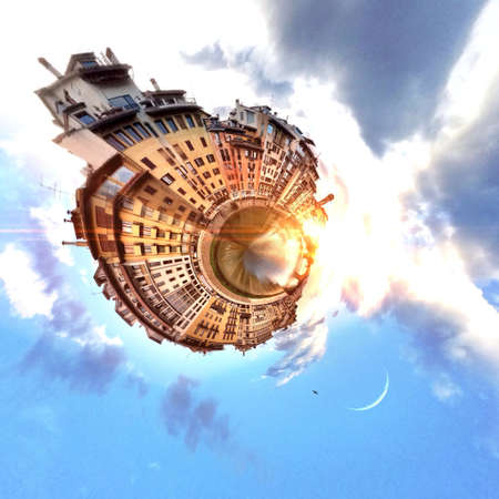 Abstract globe with beach and city skyline at sunset!