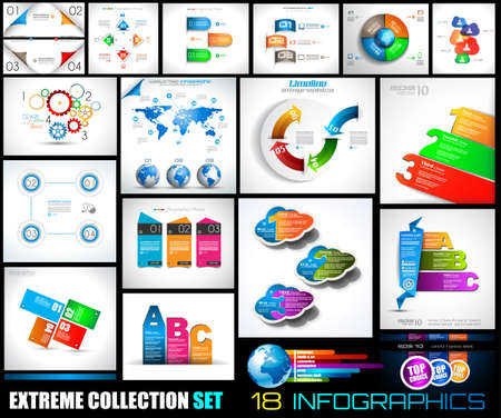 Collection of 18 Infographics for social media and clouds. Flat style UI design elements for your business projects, seo diagrams and solution ranking presentazionsのイラスト素材