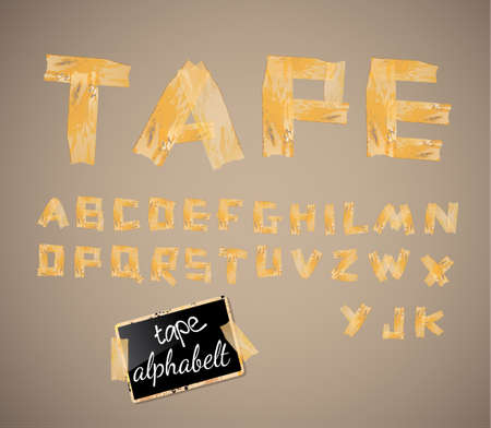Vintage style alphabet made of yellow distressed tape with ink drops over a grunge beige background.のイラスト素材