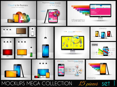 Collection of phone, pc and tablet mockups with infographics. A lot od design elements to classify products and generic items.のイラスト素材