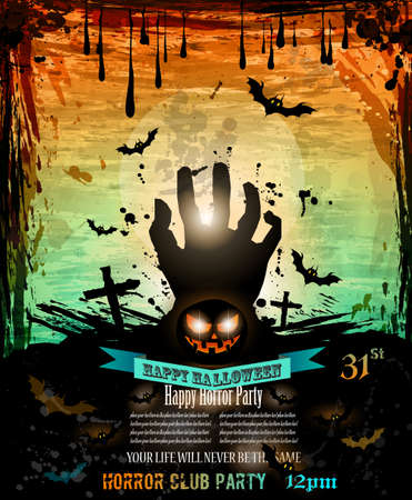 halloween Party Flyer with creepy colorful elements with a black portion of background for your text.のイラスト素材