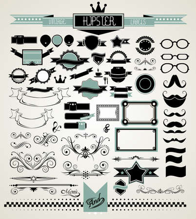 Mega Set of Vintage Labels for your Hipster designs.Labels, ribbons, mustache, frames, glasses, dividers and so onのイラスト素材