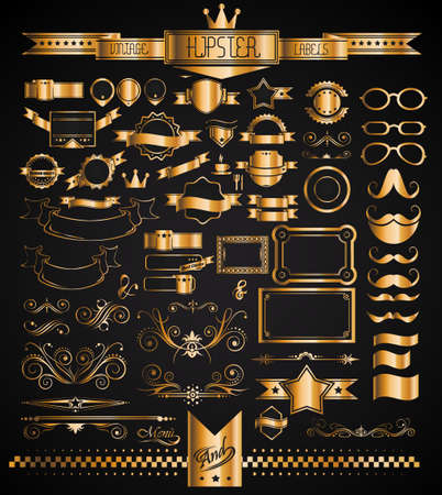 Mega Set of Vintage Golden Labels for your Hipster designs.Labels, ribbons, mustache, frames, glasses, dividers and so onのイラスト素材