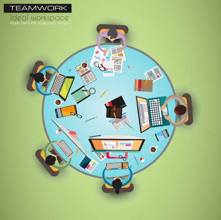 Ideal Workspace for teamwork and brainsotrming with Flat style. A lot of design elements are included: computers, mobile devices, desk supplies, pencil,coffee mug, sheeets,documents and so onのイラスト素材