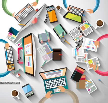 Ideal Workspace for teamwork and brainsotrming with Flat style. A lot of design elements are included: computers, mobile devices, desk supplies, pencil,coffee mug, sheeets,documents and so onのイラスト素材