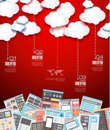 Ideal Cloud technology background with Flat style. A lot of design elements are included: computers, mobile devices, desk supplies, pencil,coffee mug, sheeets,documents and so onのイラスト素材