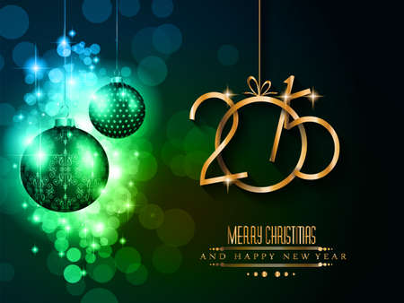 2015 New Year and Happy Christmas background for your flyers. Includes a lot of festive themed elements: balls, stars, golden words and shapes.のイラスト素材