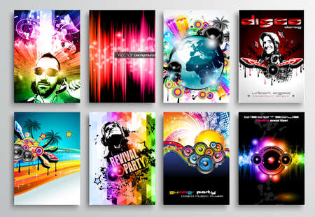 Set of Club Flyer design, PArty poster templates, music event backgrounds, rock and pop wallpapers and disk jockey night promotions.のイラスト素材