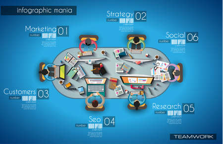 Infographic teamwork and brainsotrming with Flat style. A lot of design elements are included: computers, mobile devices, desk supplies, pencil,coffee mug, sheeets,documents and so on